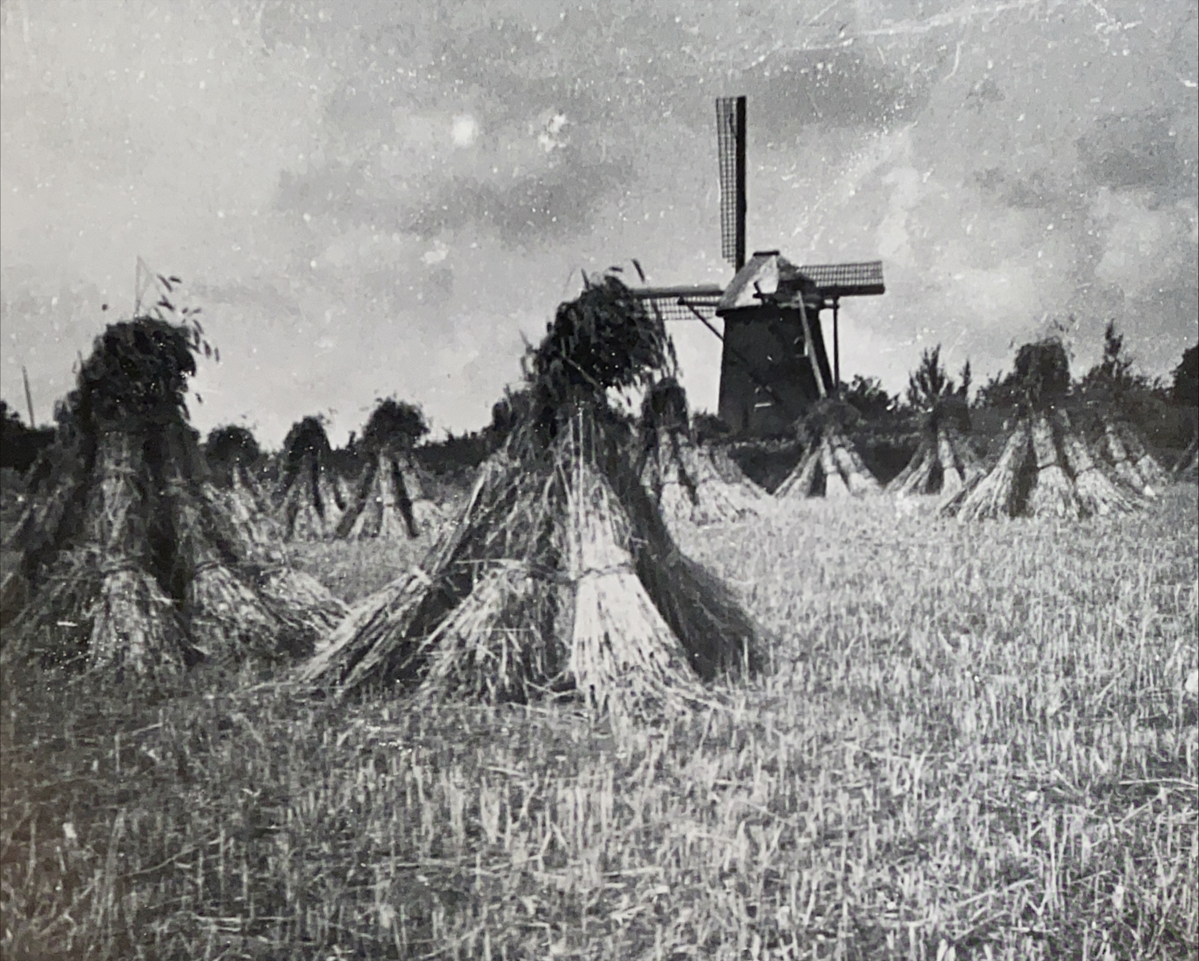 Stoppelveld met korenschoven , zomer 1944.